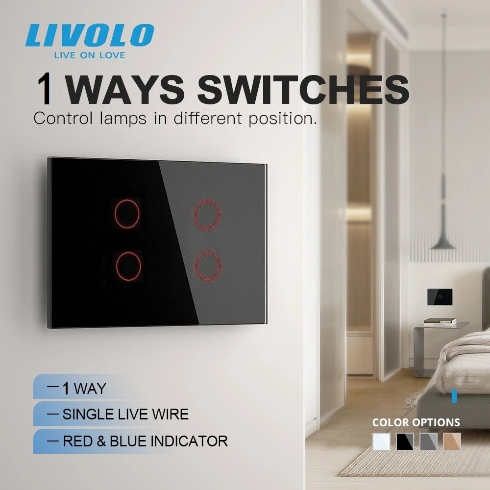 Livolo US/AU Standard Wall Light Switch Tempered Glass Panel Touch Control Light Switch AC 110~250V/50~60Hz 3/4 Gang