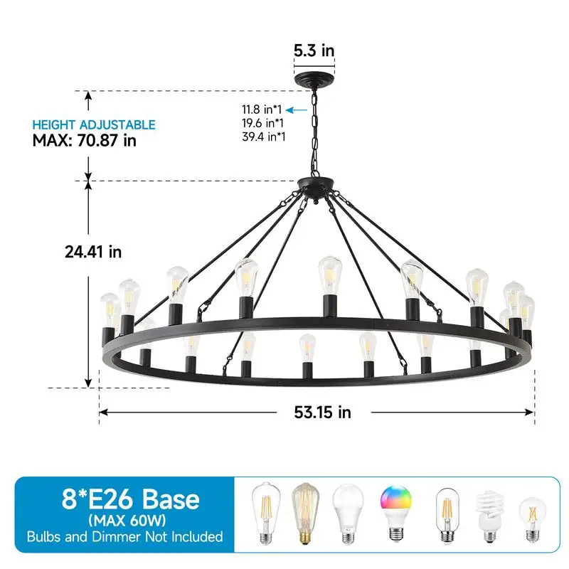 53" Black Wagon Wheel Chandelier, 18-Light Fixture (No Bulbs) - E26 Base