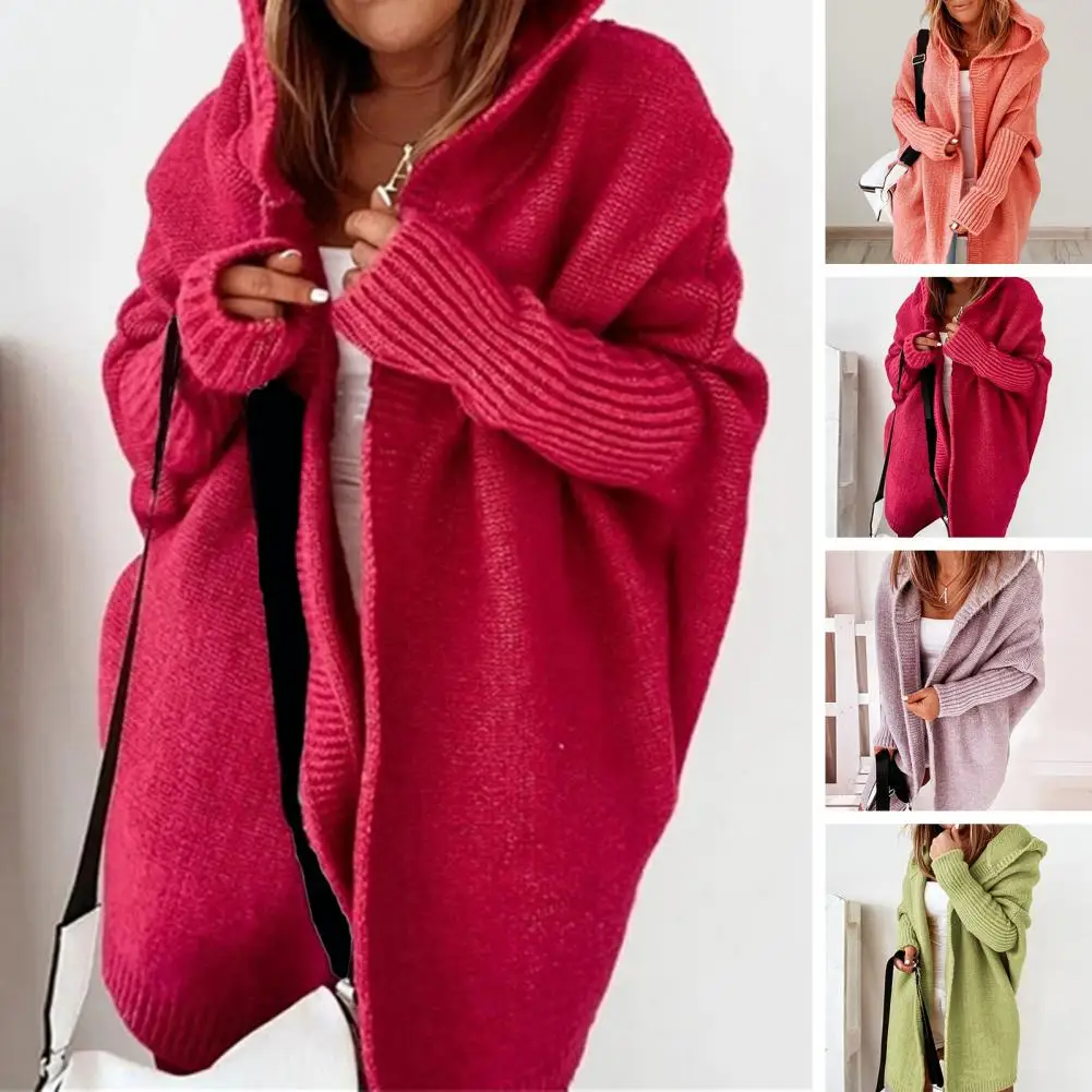 Women Winter Sweater Coat Loose Bat Long Sleeve Elastic Hooded Cardigan Thick Cold Resistant Soft Open Stitch Lady Cardigan Coat