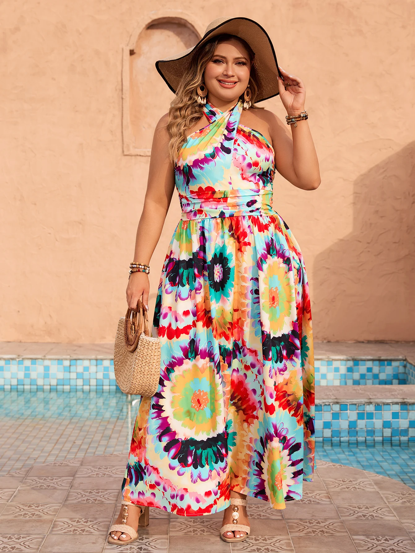 KEBY ZJ Women Plus Size Bohemian Beach Dress Tie Dye Summer Long Dress Thigh Tie Backless Halter Neck Maxi Dress Mixcolor