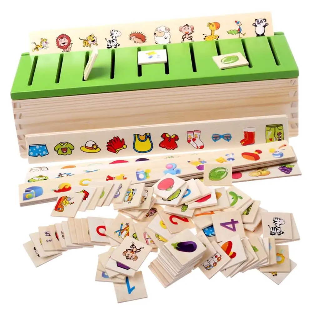 Set di giocattoli per smistamento in legno per bambini Ordina in numeri, vestiti, figure geometriche, verdura, frutta, animali, giocattoli, veicoli