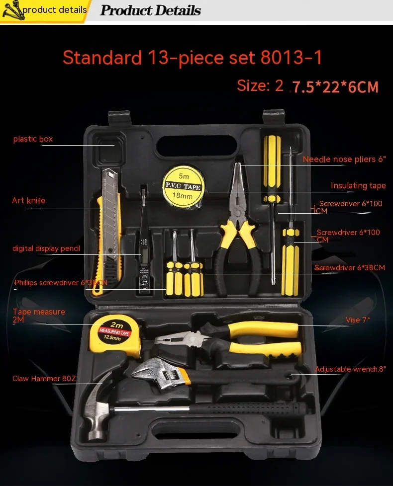 

13-piece Multi-functional Hardware Kits Dual Use In Car And Home Combination Toolbox With Sharp Nose Pliers Included workpro