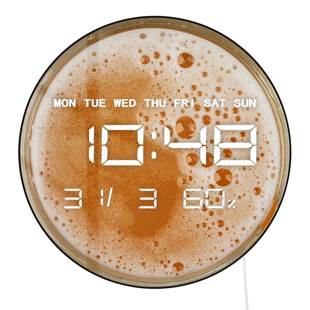 Wheat Beer Foam Top View LED Digital Wall Clock For Bar Pub Man Cave Decor Bubbles on Alcohol Drunk Mug Electronic Wall Clock