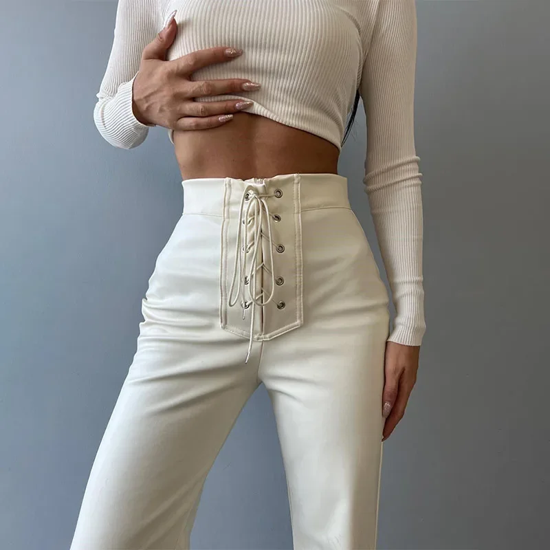 솔리드 컬러 슬림 플레어 가죽 팬츠 여성 2025 패션 빈티지 우아한 여성 하이웨이스트 팬츠 여성 스트릿웨어 트라우저