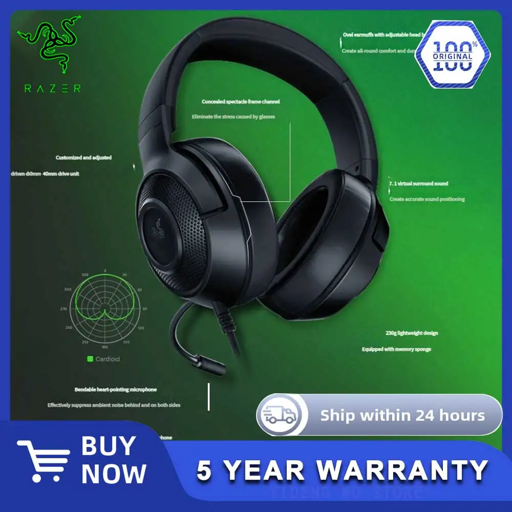 NUEVO Razer Kraken X - Auriculares para juegos con cable multiplataforma Micrófono cardio flexible, controladores de 40 mm con sintonización personalizada, conexión de 3,5 mm