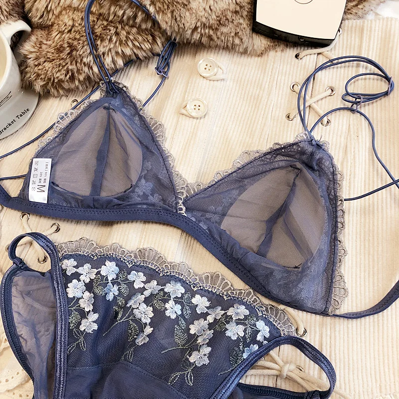 French Lace Flowers Embroidery Lingerie Set Sexy Ultra Thin Bra Set Women Triangle Cup Comfortable Bralette Female Padded Bras