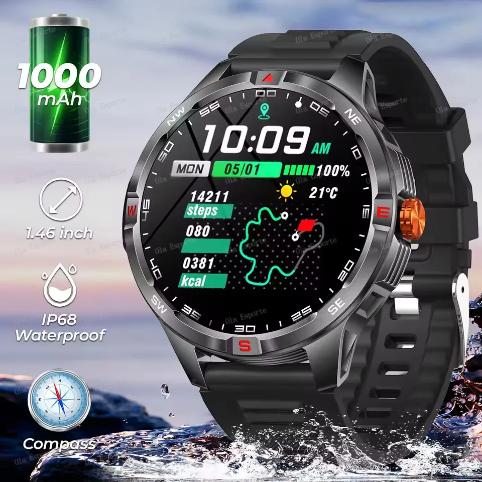 Smartwatch Militare Uomo – 1.43" Display, Chiamate Bluetooth, 100+ Sport, Batteria 1000mAh, Torcia, Bussola, IP68 Per Android/iOS
