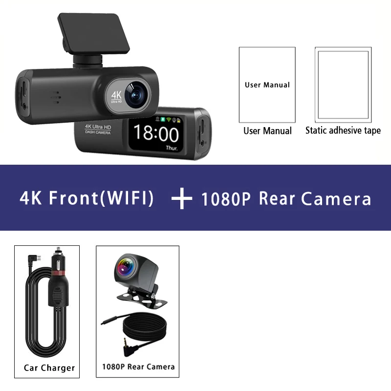 Dash Cam 4K 3840*2160P GPS WIFI Auto DVR Voor en Achter Dual Lens Auto Camera met Nachtzicht Dashcam 24H Parkeermonitor