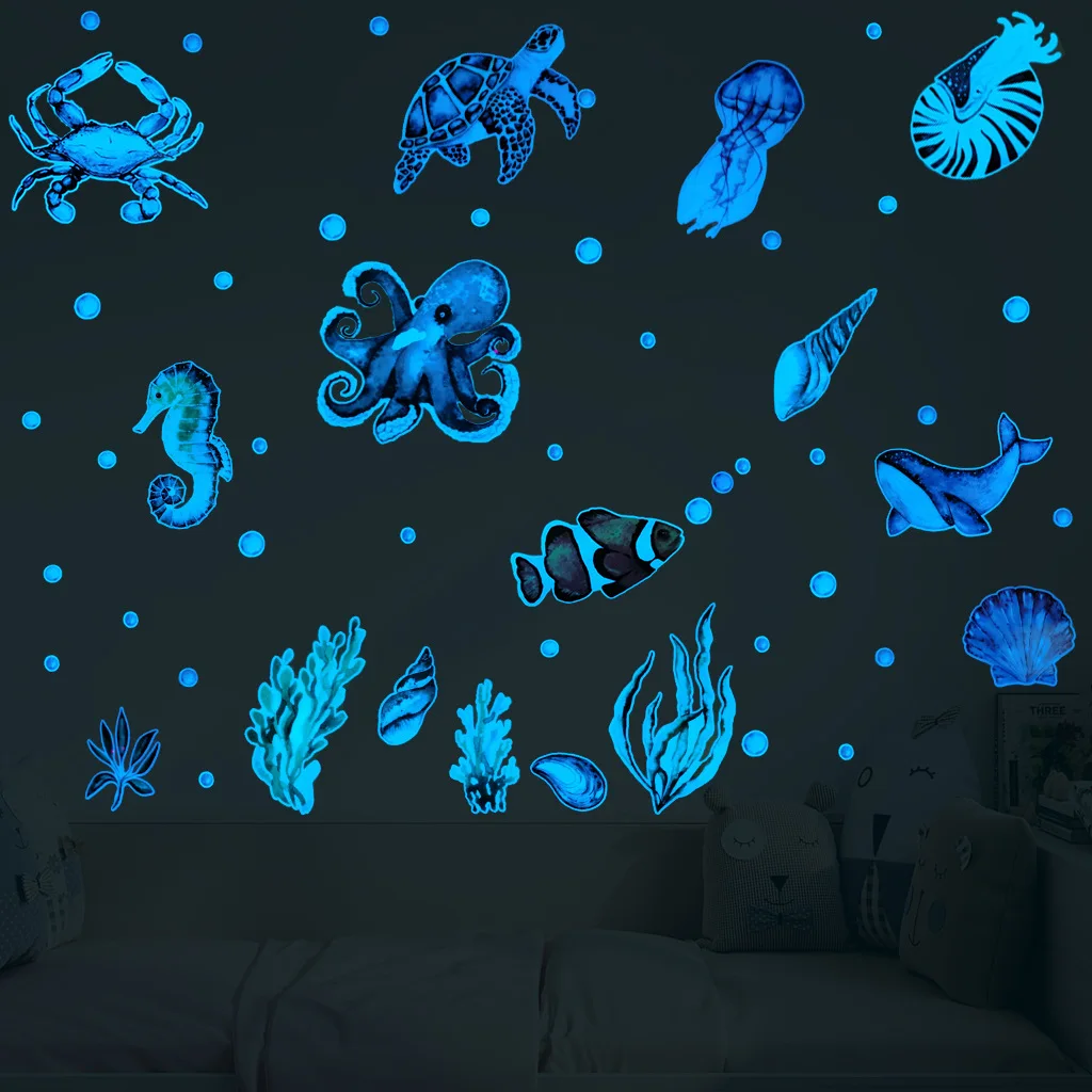 

Luminous Ocean Animal Wall Sticker Underwater World Decal Glow In The Dark Stickers For Kids Rooms Kindergarten Wall Decoration