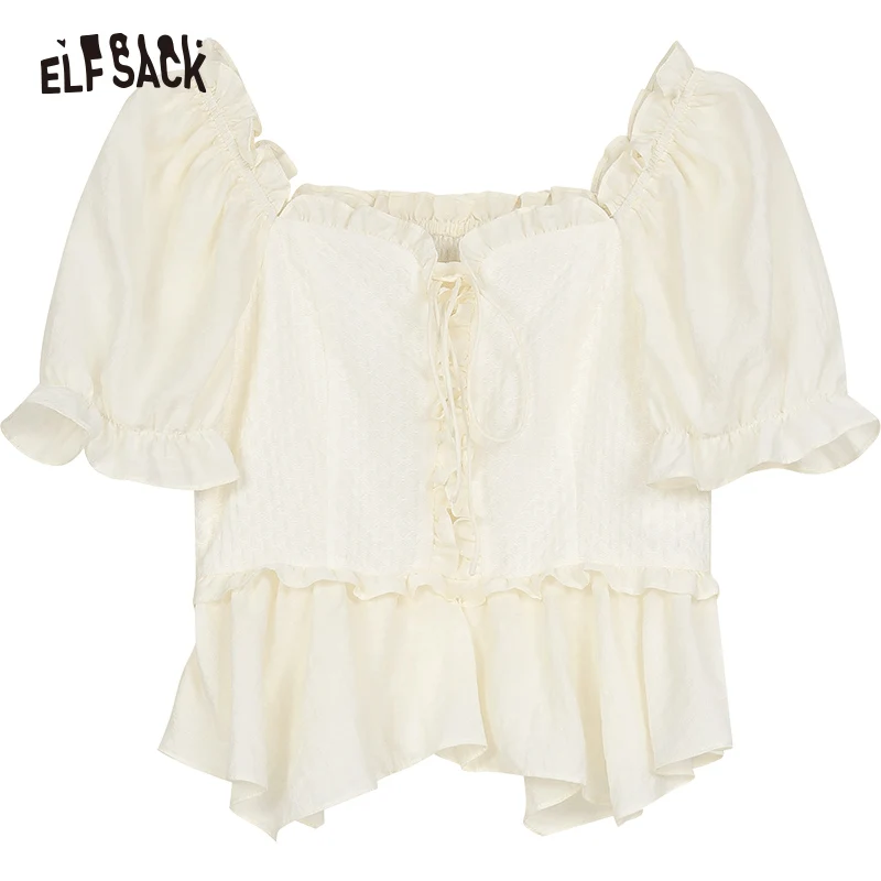 ELFSACK 2024 Summer New Arrivals French fungus edge temperament short sleeved women's shirt with ruffled edges and bubble sleeve