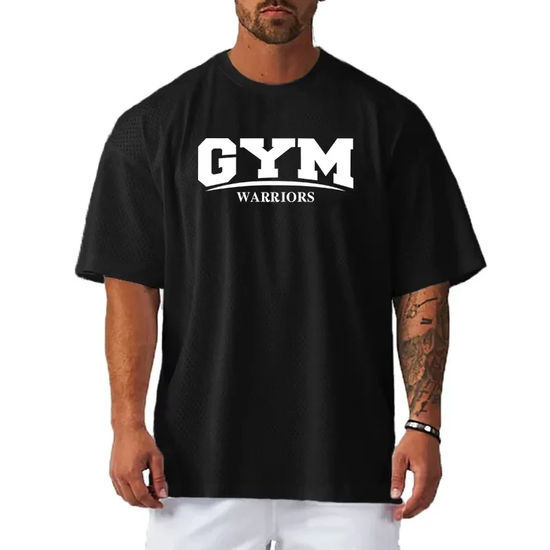 Fashion Men's Oversized Mesh Gym T-Shirt 3D Letter Print Breathable Crew Neck Short Sleeve Workout Fitness Tee Summer Tops