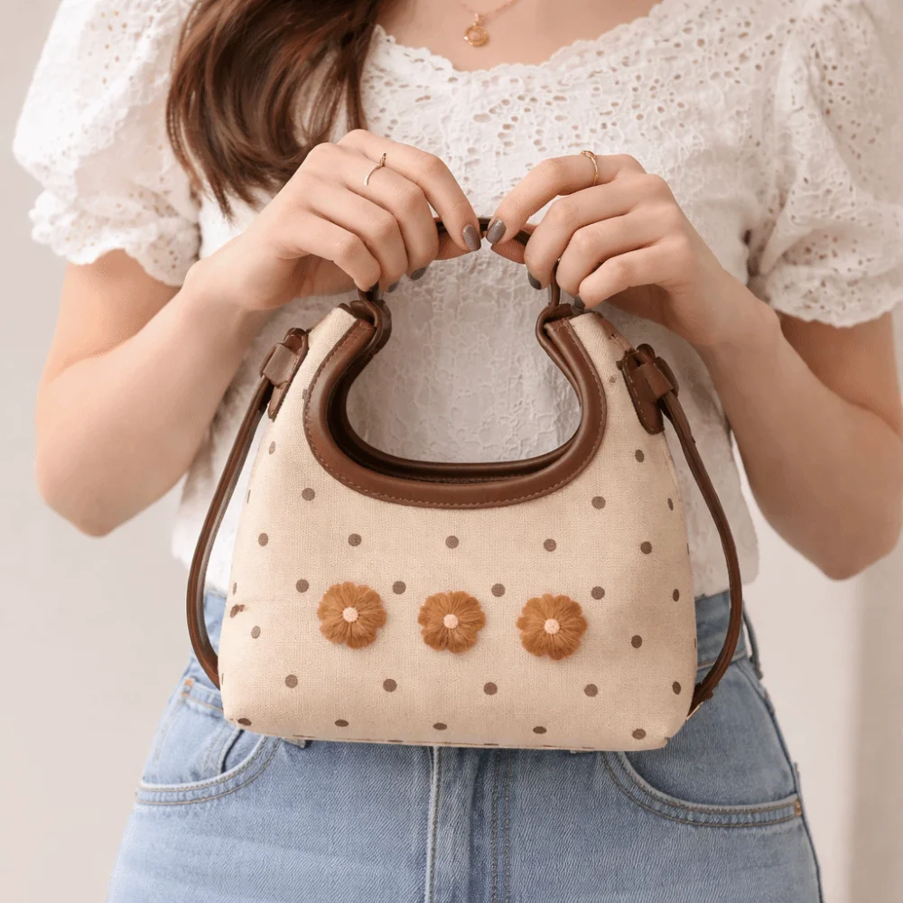

Модная корейская сумка-ведро с цветочным принтом, милая мини-сумка через плечо в горошек из искусственной кожи, универсальная повседневная сумка-ведро