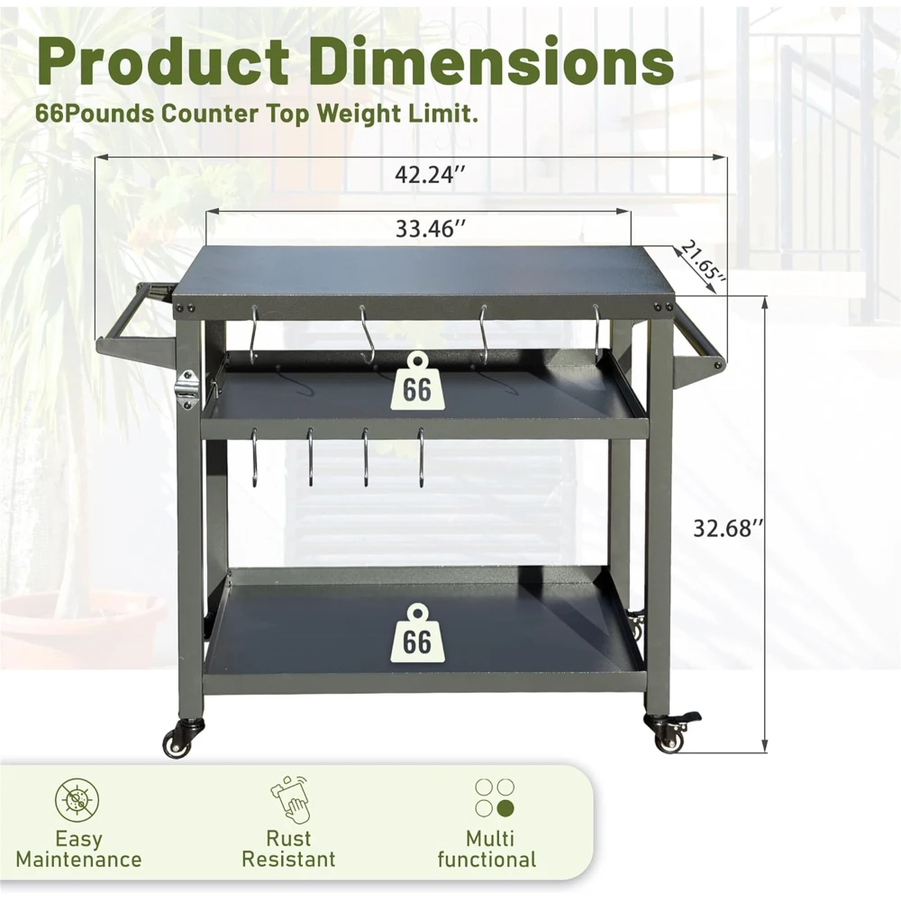 Carrello per barbecue a 3 ripiani con ruote Tavolo da campeggio antiruggine Supporto per piastra in pietra nera con ganci Multifunzione per cucinare all'aperto