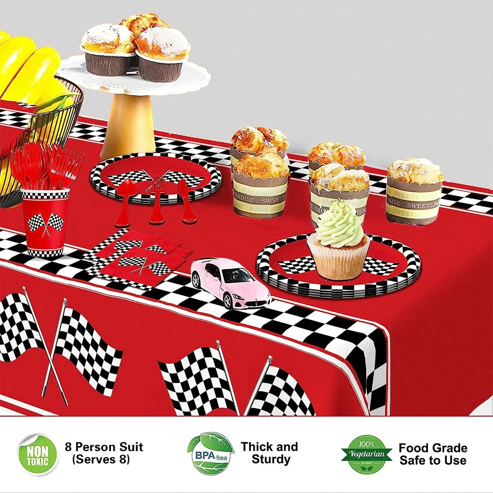 Rote Rennwagen-Themenparty: Pappteller, Banner, Becher, Servietten, Tischdecke, Folienballons, Rennwagen-Geburtstagsdekorationszubehör für Jungen – Detail 3
