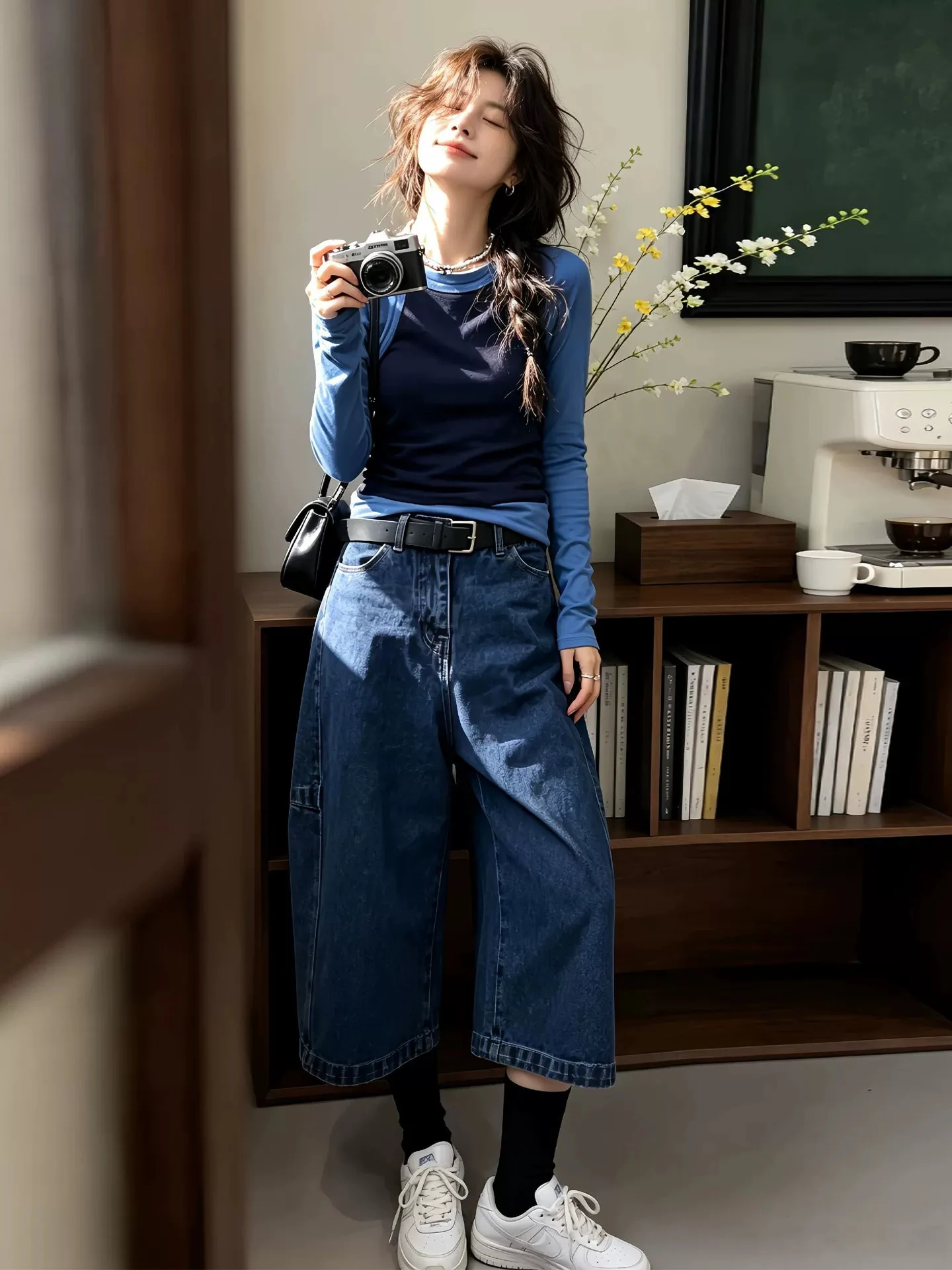 Loose Fit round Neck Long Sleeve T-Shirt Set in Royal Blue Color for Women Comfortable Breathable Cotton Polyester Blend