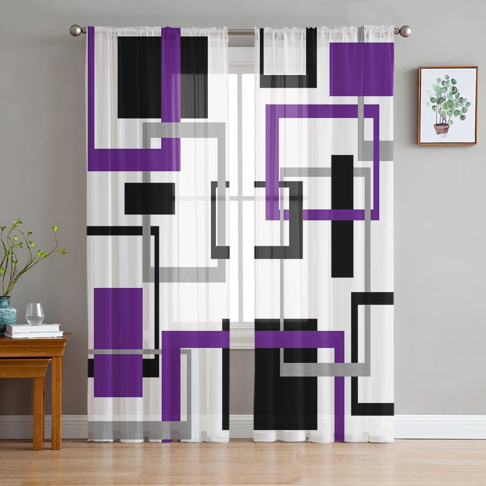 

Abstract Geometry Squares Modern Art Black Purple Tulle Curtains Living Room Kitchen Window Decoration Voile Sheer Curtain