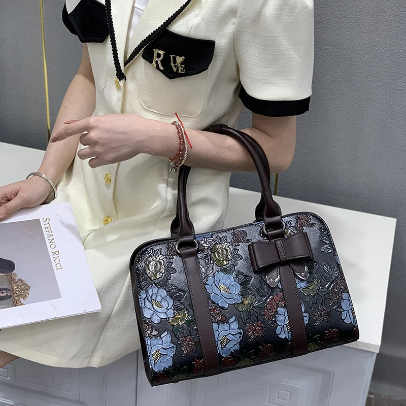 Sweet Cute Bowknot Floral Embossed Shoulder Bag Vintage Rose Flower Top Handle Handbag Elegant Party Crossbody Purse Clutch Gift
