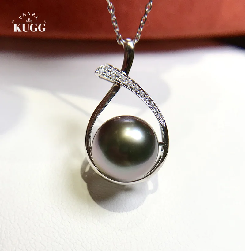 

KUGG PEARL Solid 18K White Gold Necklace 11-12mm Natural Tahiti Black Pearl Jewelry Real Diamond Necklace for Women Birthday