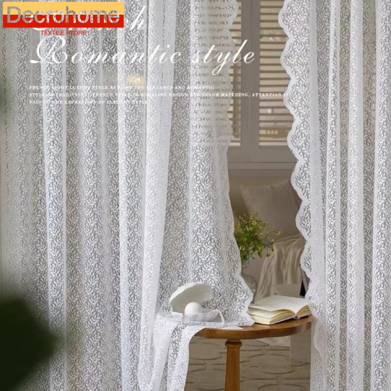 

Vintage Lace White Gauze Curtains No Punch Telescopic Rod Installation Partition Curtains for Bedroom Finished Curtains