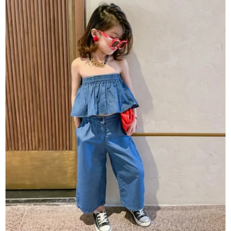 

Girls' denim Set New Summer 2026 Children's Stylish Knitted Camisole Vest Korean Fashionable Straight Leg Pants Two-piece Set