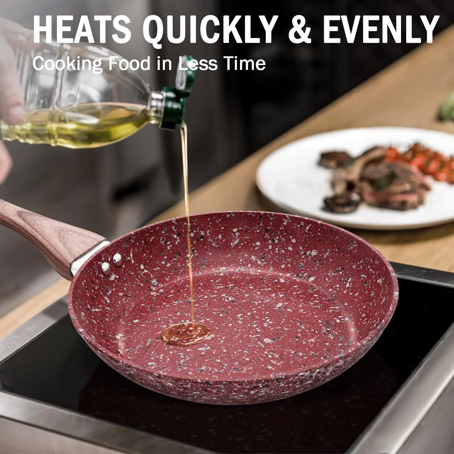 

KOCH SYSTEME CS 12" Red Granite Nonstick Frying Pan with Lid, Frying Pan with Bakelite Handle, Induction Compatible, Oven Safe