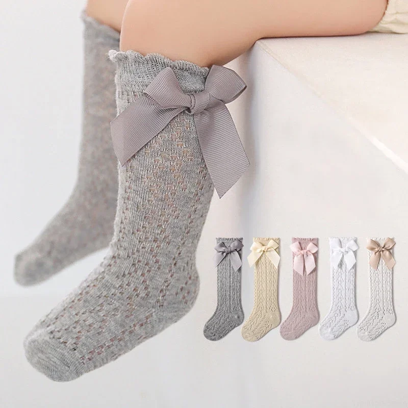 

Baby Girls Knee High Socks Summer Bow Cotton Breathable Soft Children Socks Hollow Out Non-slip Kids Infant Long Mesh Socks 0-3Y