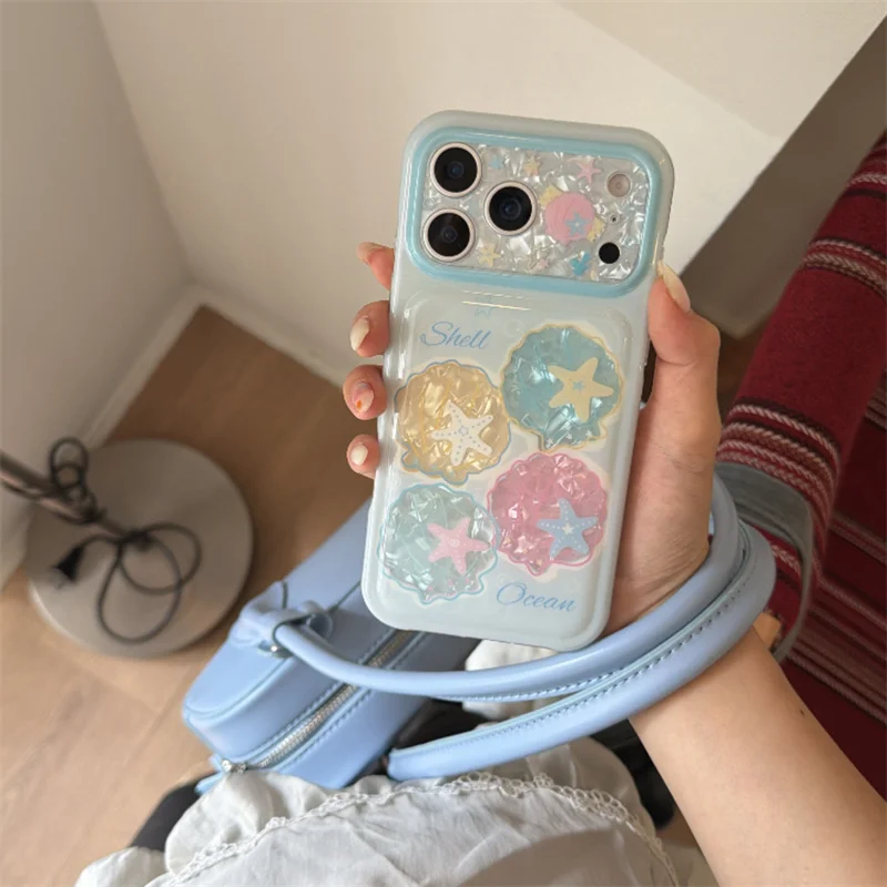 Ocean Shell Starfish Phone Case For iPhone 15 16 17 ProMax Cute Blue Glossy Shockproof Cover Transparent Luxury Girls New Gift