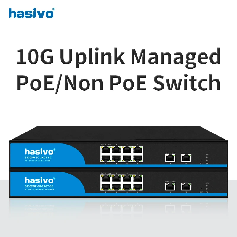 Hasivo Web Managed Gigabit PoE or Without PoE Ethernet Switch 8 Gigabit RJ45 Plus 10gbps RJ45 Uplink Network Switch