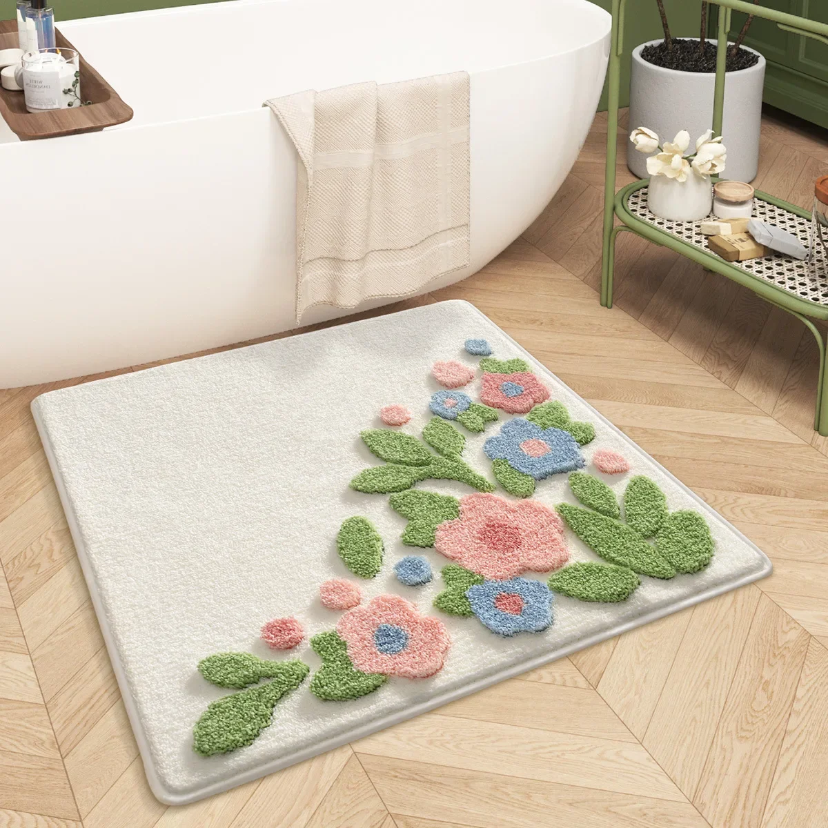 Anti-Slip Square Bath Mat | 800% Absorbent Floral Floor Rug | Ultra-Plush Encrypted Carpet | Modern Bathroom Decor