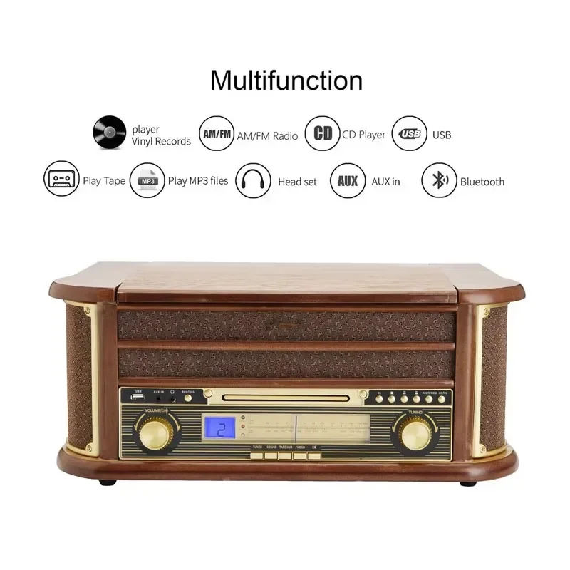 Nieuwste 2024 Model Nostalgische Vinyl Draaitafel Speler Usb Cd Tape Spelen Fonograaf Houten Am Fm Radio Bluetooth Record