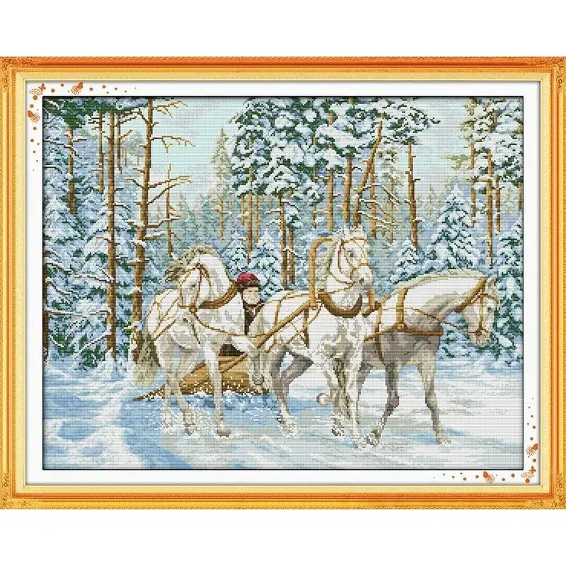 

Joy Sunday Pre-printed Cross Stitch Kit Easy Pattern Aida Stamped Fabric Embroidery Set-The Cart Go Through The Snow