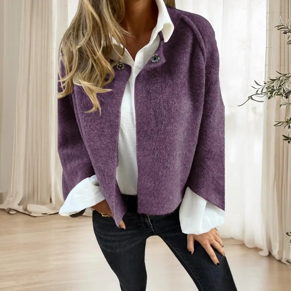 

Winter Women's Jacket Round Neck Thick Wool Open Stitch Short Cardigan Long Sleeve Short Warm Coat