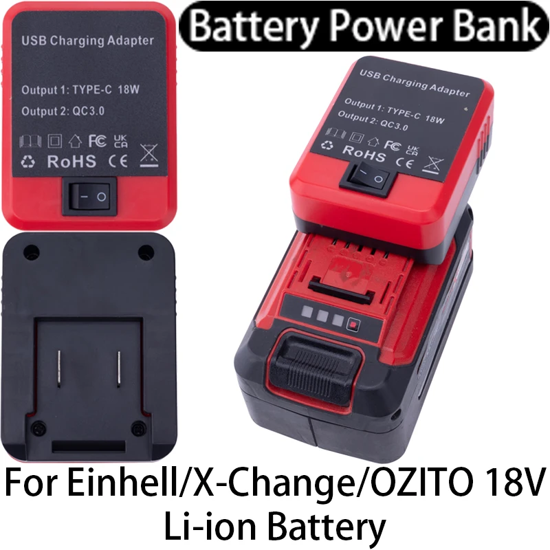 Battery Power Bank for Einhell/X-Change/OZITO 18V Li-ion Battery Adapter USB/Type-C Dual Fast Charging Interface Power Supply
