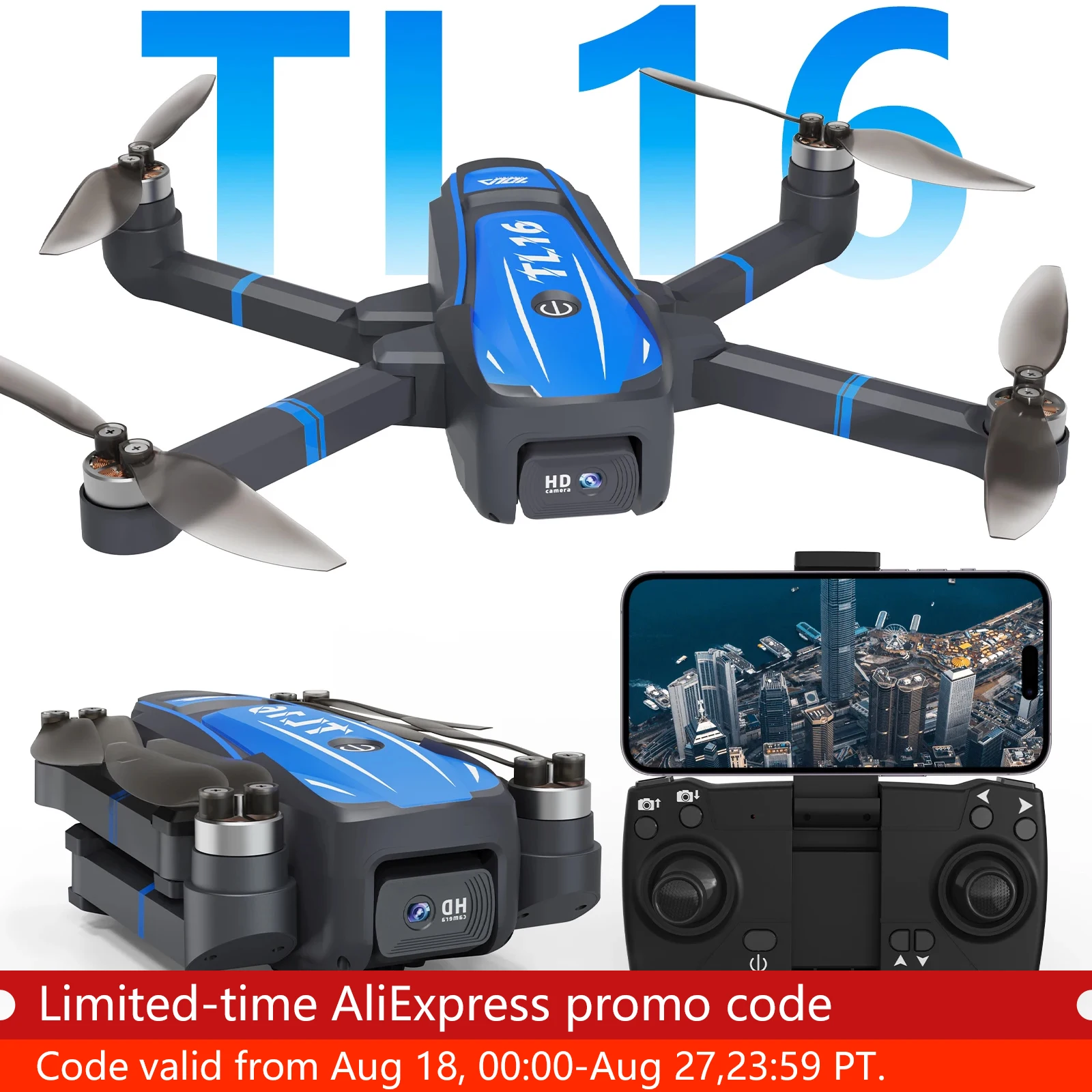 Drone con motore brushless TL16 con fotocamera 1080P, drone FPV per principianti, posizionamento del flusso ottico 90 °   Lente regolabile motorizzata