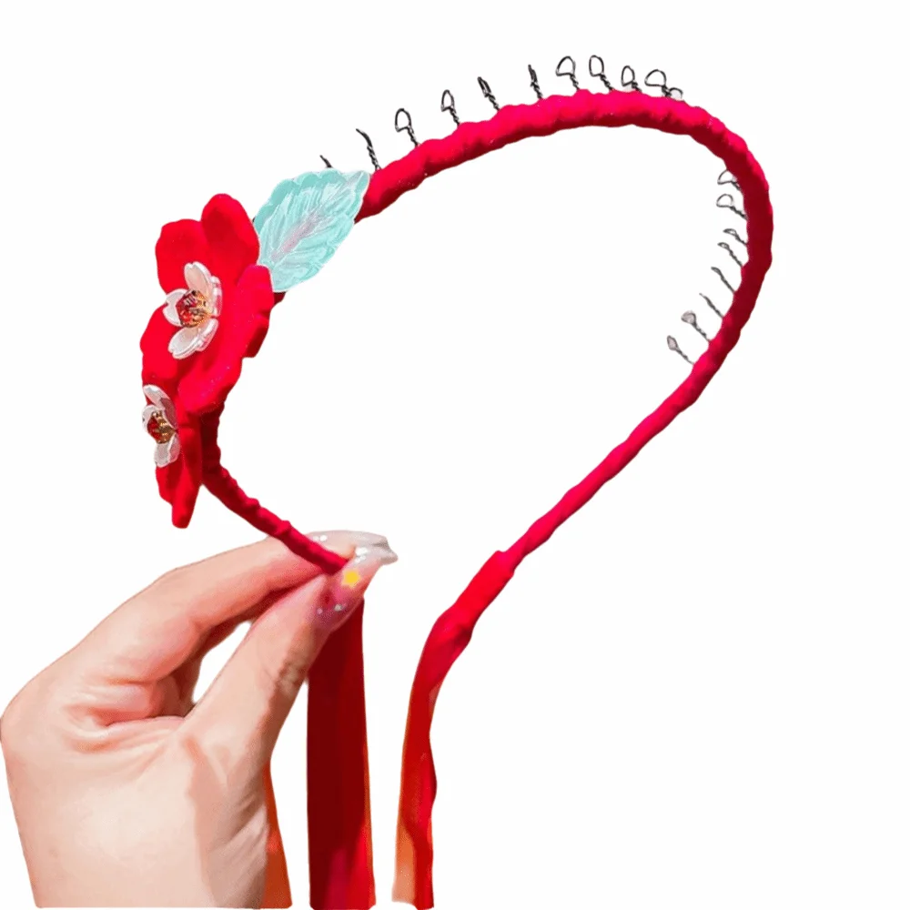 

Performance Red Chinese Style Headband Ball Pearl Flower Ancient Headwear Cute Tassel New Year Hair hoop Wedding