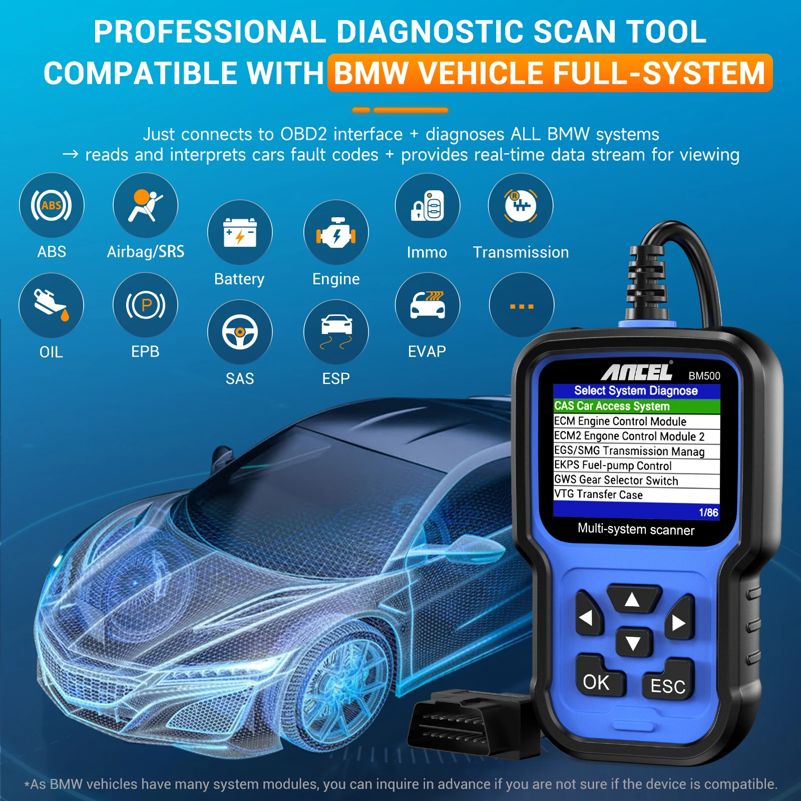 ANCEL BM500 OBD2 Automotive Scanner Airbag EPB SAS CBS Reset Full System OBD 2 Diagnostic for BMW E93 E65 Car Diagnostic Tool