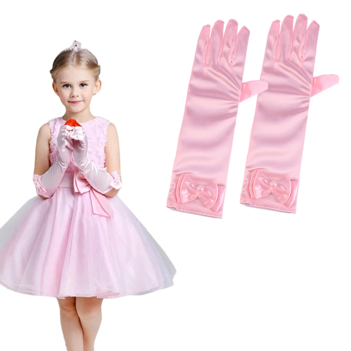 1 paire de gants longs en Satin pour filles, robe à nœud papillon, taille unique, convient à la plupart des enfants, pour mariage, Banquet, bal, spectacle, soirée