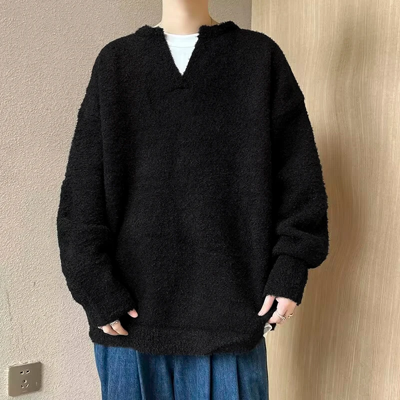 Plain Color Men's Premium V-Neck Knit Sweater Autumn Winter Streetwear Soft Loose Fit Pullover for Luxe Casual Style M-XXXL