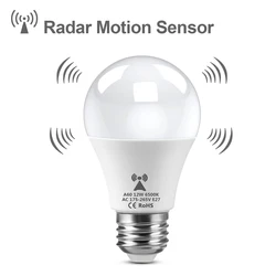 E27 Radar-Induktions-LED-Glühbirne, 220 V, 12 W, Radar-Bewegungsaktivierte Lampe, automatisches EIN/AUS, integrierte Radar-/Lichtsensoren für Terrassentreppen