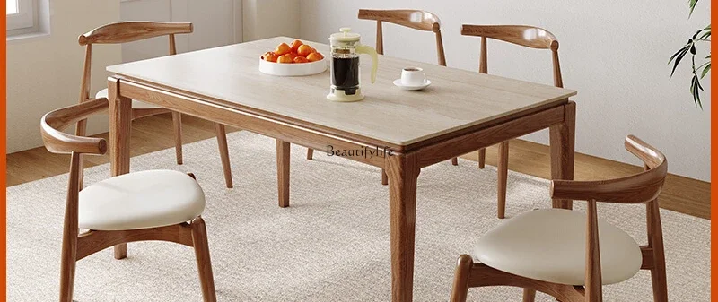 

White wax wood travertine rock slab dining table in the ancient style solid wood legs simple rectangle