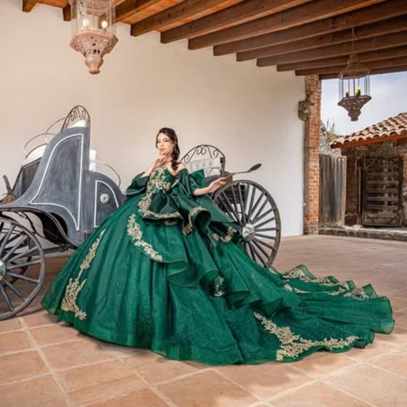 Shiny Dark Green Quinceanera Dresses Glitter Decal  Appliques Lace Layering Long tail Bow Vestido De 15 Quinceaneras