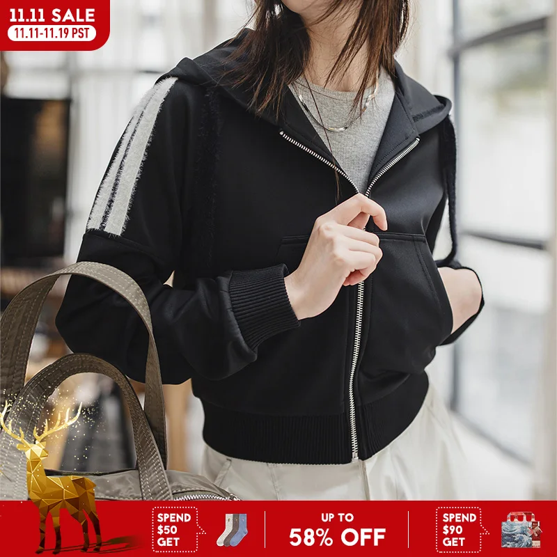 

Женская черная толстовка в уличном стиле Maden, кардиган, полосатая куртка на молнии на весну, спортивная верхняя одежда с длинными рукавами для поездок на работу