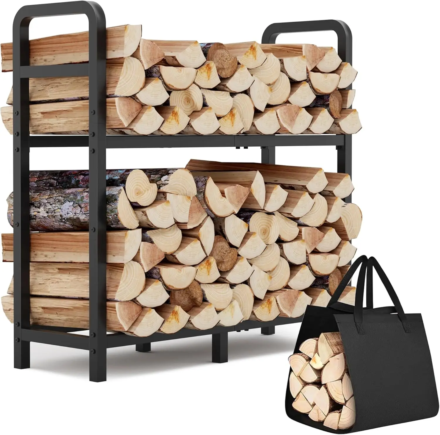 2-Tier Large Firewood Rack Outdoor Indoor with Log Carrier Bag, 30" Stable Log Holder Rustproof Metal Wood Rack for Fireplace Pa