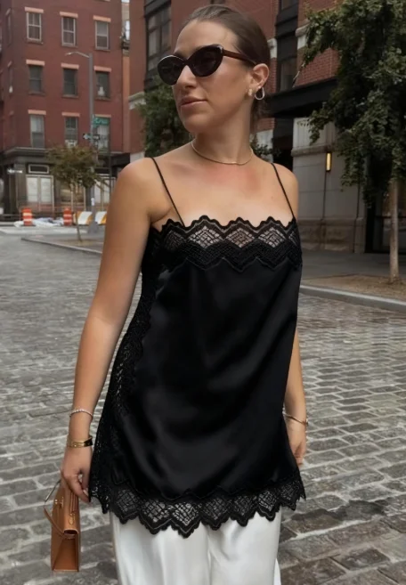 Women Lace Camisole Sleeveless Black Lace Trim Scalloped Edge Slim Fit Summer Tank Top Casual Going Out