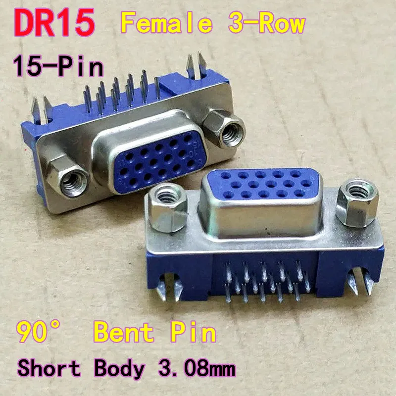 10PCS VGA Socket, DR15 Female, 3-Row 15-Pin, 90° Bent Pin, PCB Solder Type, DB15 Short Body 3.08mm