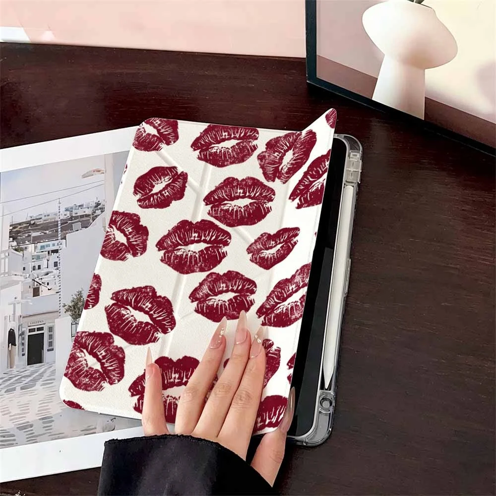 Wine Red Lips For Samsung Galaxy Tab A8 A9 A11 S6 S7 S8 S9 S10 FE Plus Lite Transparent Protective With Pen Slot Tablet Case