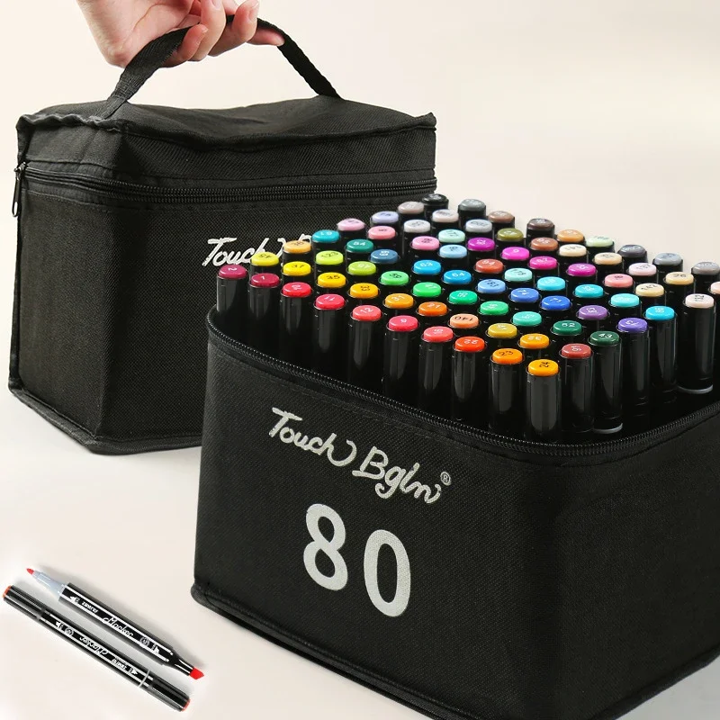 60/80 Color Double Head Oily Round Pole Marker Pen Portable Waterproof Zipper Cloth Bag Set Art Painting Washable Color Markers