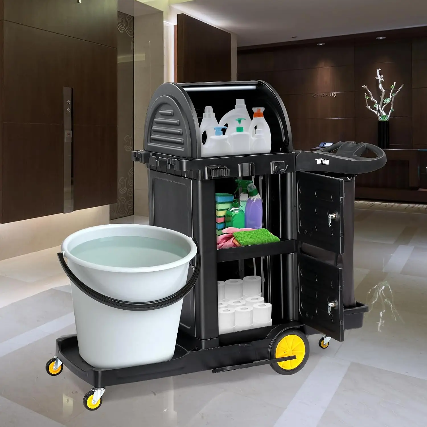 Cart with Key-Locking Cabinet, 3-Shelf Commercial Cleaning Cart with Wheels, Housekeeping Caddy, Customized
