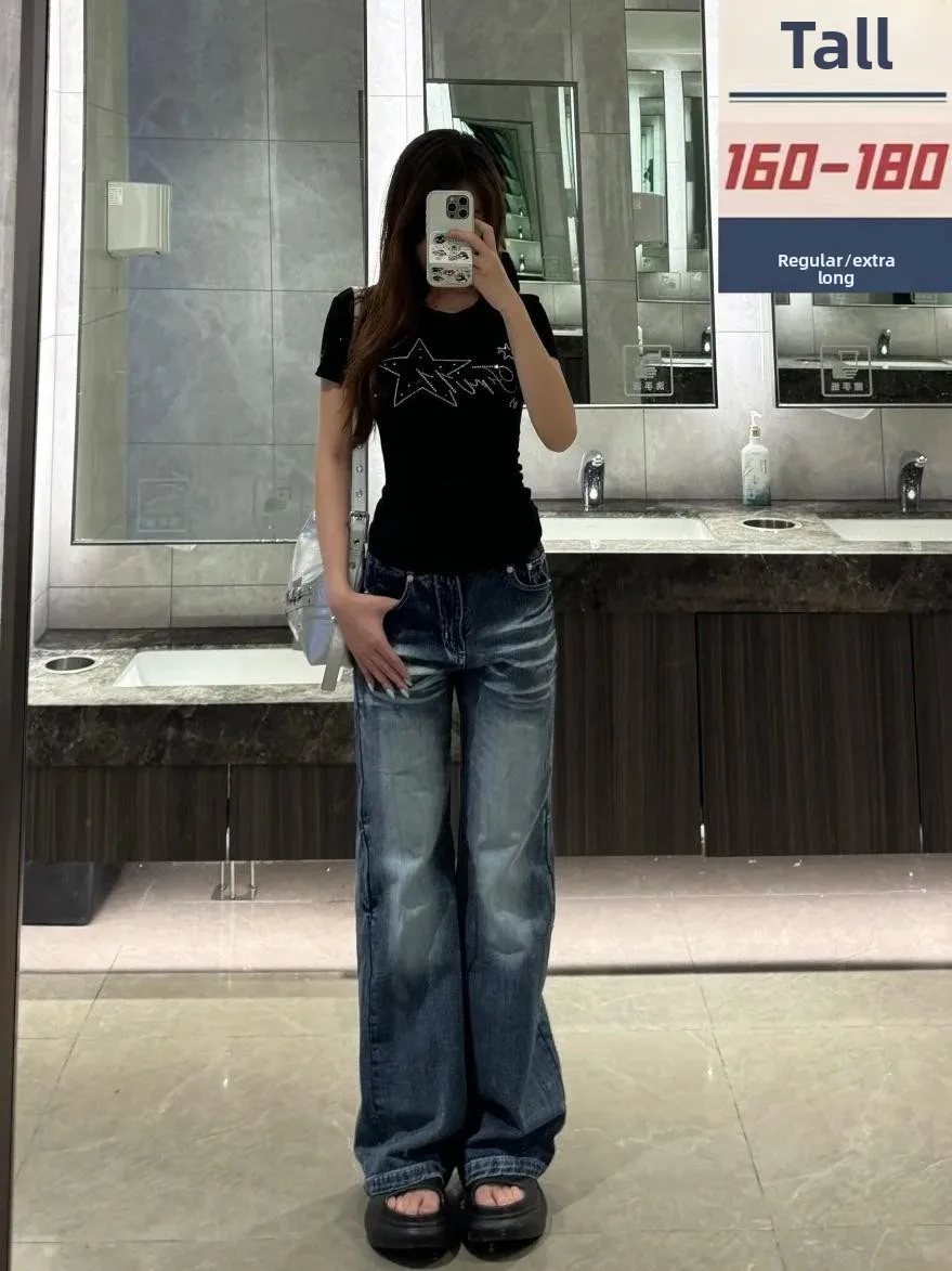 

Extended Length American Wa Blue Straight Leg Micro Flare Jeans Women's Low Waist Floor Length Pants Autumn Season