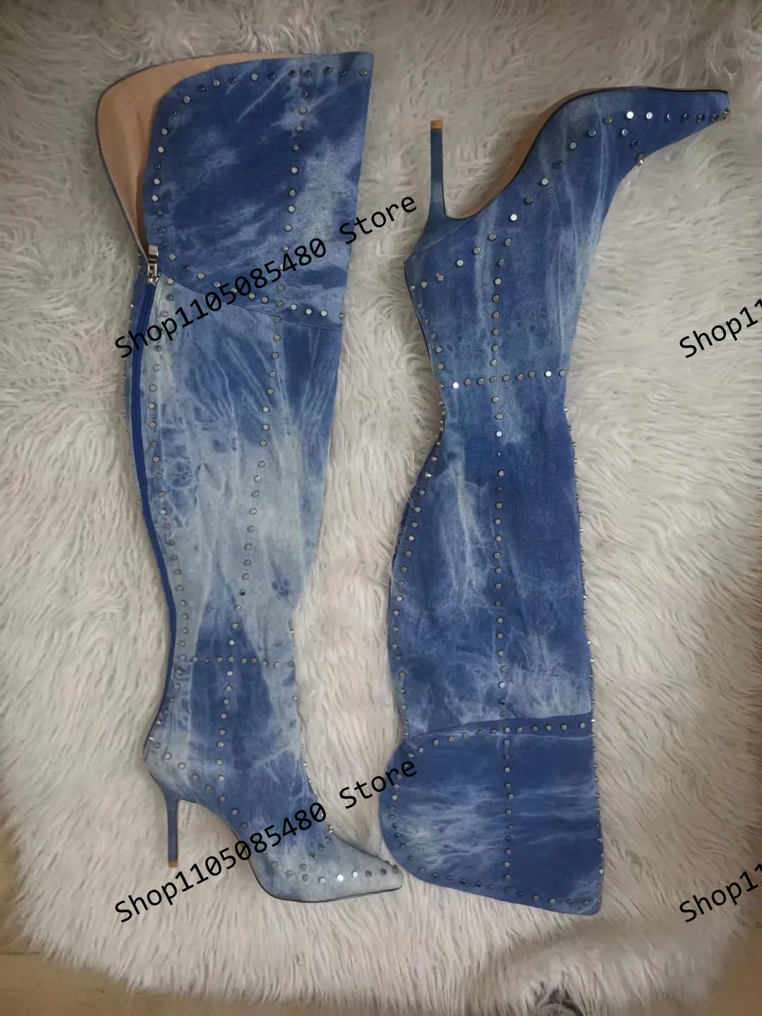 

2025 Thin High Heel Rivets Luxury Over The Knee Boots Suede Pointed Toe Sexy Dress Lady Black Boots Fall Zip Women Shoes Size 44